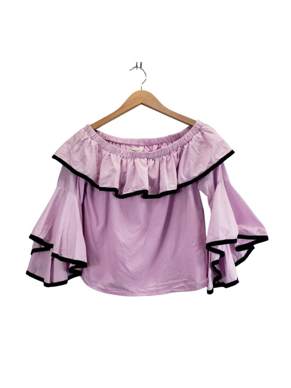 Peasant Blouse Off-Shoulder Lavender Black Trim L by No Comment Bell Sleeves